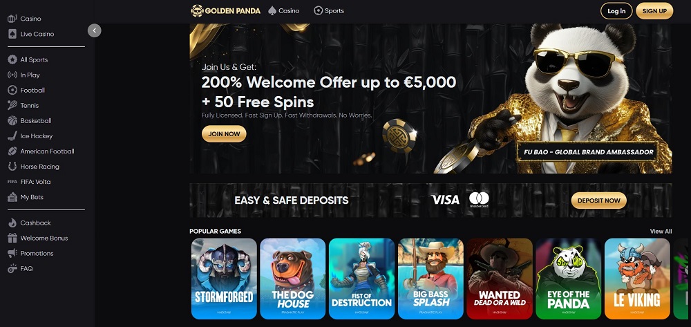 Golden Panda Casino homepage featuring welcome bonus and slot categories – one of the leading California online casinos with weekly cashback.