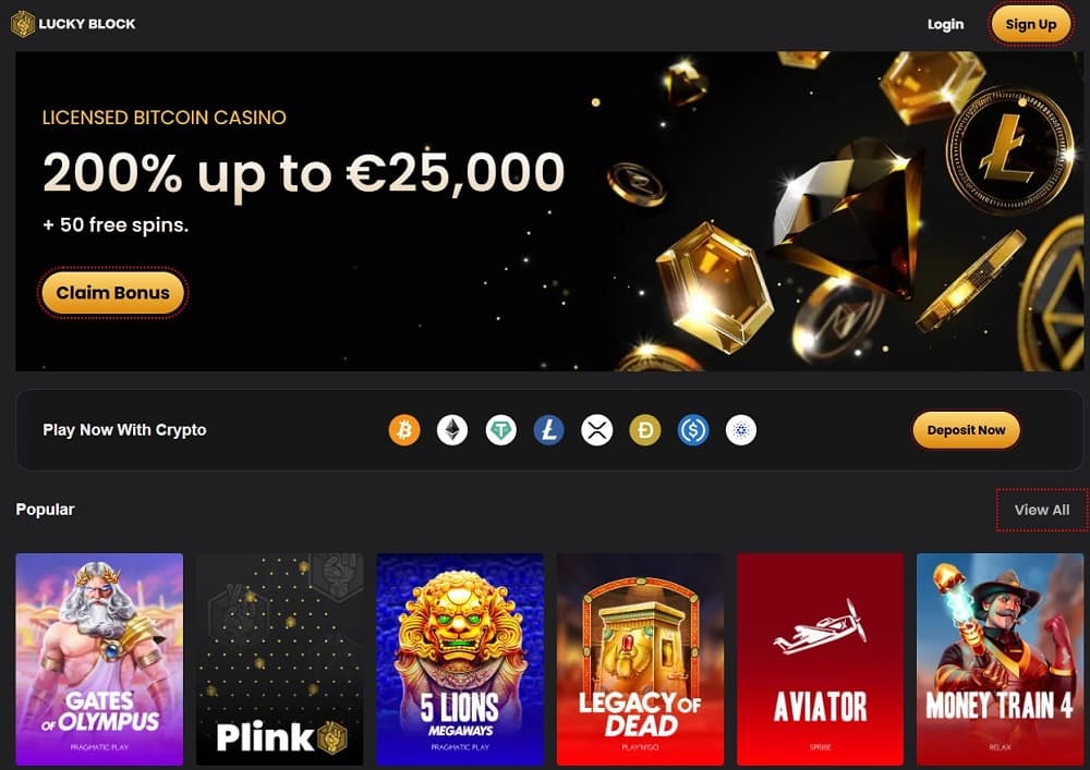 Lucky Block casino and sportsbook homepage with a large bonus banner – a high-limit platform dominating the California online casinos space.